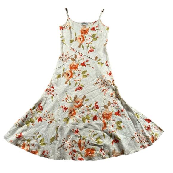 Per Una 100% Linen Floral Bias Cut Midi Dress US Size 8L Vtg Y2K Boho Cottage - Picture 2 of 12